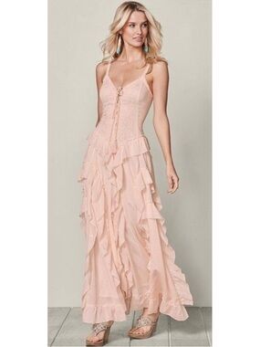 VENUS Lace Up Ruffle Maxi Dress Pink large